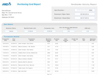 Cardholder Activity Report Card Number: David Brown Dept For Correctional Srvcs Gpo Box 1747