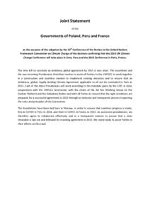 Joint Statement of the Governments of Poland, Peru and France on the occasion of the adoption by the 19th Conference of the Parties to the United Nations Framework Convention on Climate Change of the decision confirming 