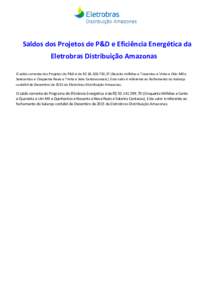 Saldos dos Projetos de P&D e Eficiência Energética da Eletrobras Distribuição Amazonas O saldo corrente dos Projetos de P&D é de R$ ,37 (Dezoito milhões e Trezentos e Vinte e Oito Mil e Setecentos e Cinqu