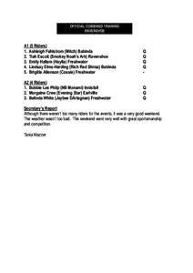 OFFICIAL COMBINED TRAINING RAVENSHOE A1 (5 Riders) 1. Ashleigh Fahlstrom (Mitch) Babinda 2. Tiah Escott (Smokey Noah’s Ark) Ravenshoe