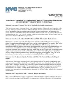 NEW YORK CITY DEPARTMENT OF HEALTH AND MENTAL HYGIENE Mary T. Bassett, MD, MPH Commissioner FOR IMMEDIATE RELEASE Wednesday, June 4, 2014