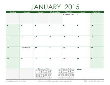 Printable 2015 Monthly Calendar with Holidays