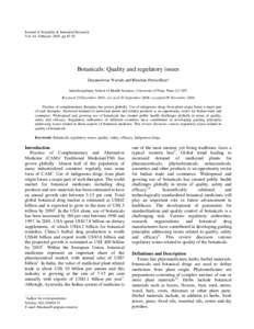 Journal of Scientific & Industrial Research Vol. 64, February 2005, pp[removed]Botanicals: Quality and regulatory issues Dnyaneshwar Warude and Bhushan Patwardhan* Interdisciplinary School of Health Sciences, University of