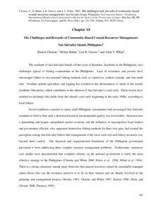 Christie, P., D. Buhat, L.R. Garces, and A.T. White[removed]The challenges and rewards of community-based coastal resources management: San Salvador Island, Philippines. In Contested Nature—Promoting International Biodiversity Conservation with Social Justice in the Twenty-first Century. Brechin, SR, PR