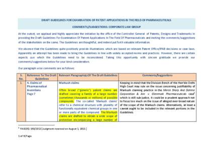 DRAFT GUIDELINES FOR EXAMINATION OF PATENT APPLICATIONS IN THE FIELD OF PHARMACEUTICALS COMMENTS/SUGGESTIONS: CORPORATE LAW GROUP At the outset, we applaud and highly appreciate the initiative by the office of the Contro