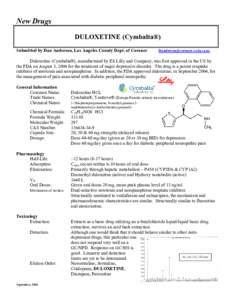 New Drugs DULOXETINE (Cymbalta®) Submitted by Dan Anderson, Los Angeles County Dept. of Coroner [removed]
