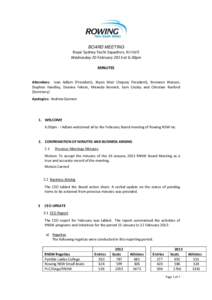 BOARD MEETING Royal Sydney Yacht Squadron, Kirribilli Wednesday 20 February 2013 at 6:30pm MINUTES Attendees: Ivan Adlam (President), Bryan Weir (Deputy President), Bronwen Watson, Stephen Handley, Deanna Fekete, Miranda