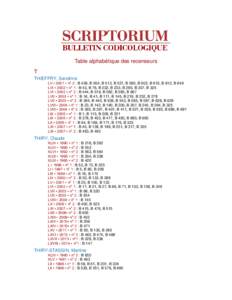 Table alphabétique des recenseurs T THIEFFRY, Sandrine LV • 2001 • n° 2 : B 439, B 504, B 513, B 521, B 595, B 602, B 610, B 612, B 649 LVI • 2002 • n° 1 : B 43, B 76, B 232, B 233, B 280, B 307, B 325 LVI •