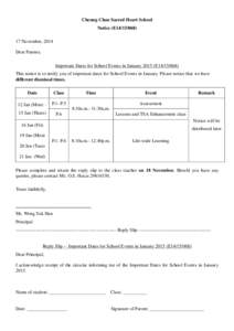 Cheung Chau Sacred Heart School Notice (E14[removed]November, 2014 Dear Parents, Important Dates for School Events in January[removed]E14[removed]This notice is to notify you of important dates for School Events in Janu