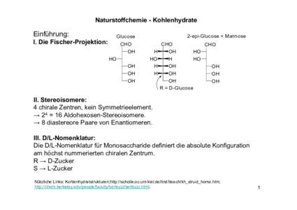 Naturstoffchemie - Kohlenhydrate  Einführung: I. Die Fischer-Projektion:  2-epi-Glucose = Mannose