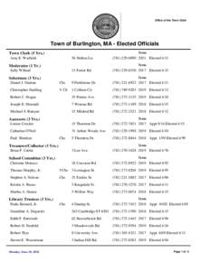 Office of the Town Clerk  Town of Burlington, MA - Elected Officials Term  Town Clerk (5 Yrs.)