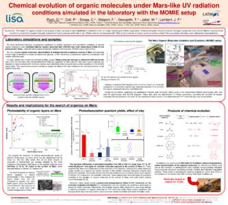 Chemical evolution of organic molecules under Mars-like UV radiation conditions simulated in the laboratory with the MOMIE setup Poch, O.1,2 ; Coll, P.1 ; Szopa, C.3 ; Stalport, F.1 ; Georgelin, T. 4 ; Jaber, M. 4 ; Lamb