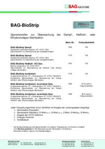 BAG-BioStrip Sporenstreifen zur Überwachung Ethylenoxidgas-Sterilisation BAG-BioStrip Dampf
