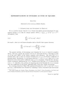 REPRESENTATIONS OF INTEGERS AS SUMS OF SQUARES  Ken Ono Dedicated to the memory of Robert Rankin.  1. Introduction and Statement of Results.