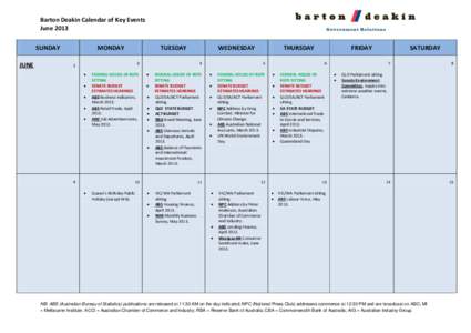 Barton Deakin Calendar of Key Events June 2013 SUNDAY JUNE  MONDAY