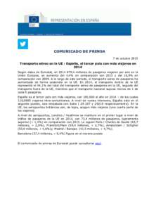 COMUNICADO DE PRENSA 7 de octubre 2015 Transporte aéreo en la UE : España, el tercer país con más viajeros en 2014 Según datos de Eurostat, en,4 millones de pasajeros viajaron por aire en la