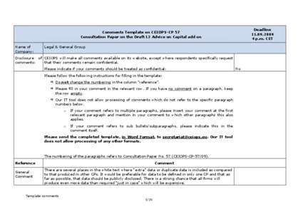 Deadline[removed]p.m. CET Comments Template on CEIOPS-CP 57 Consultation Paper on the Draft L2 Advice on Capital add on