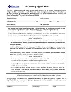 Utility Billing Appeal Form This form is being provided to all city of Faribault utility customers for the purpose of appealing the utility billing credit that was issued as a result of the water meter reading inaccuraci