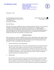 U.S. Department of Labor  Office of Labor-Management Standards Chicago District Office Federal Office Building 230 South Dearborn Street, Suite 774