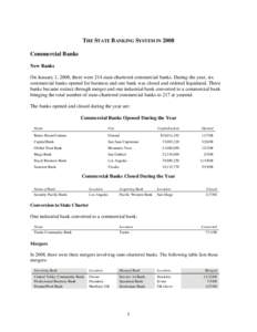 THE STATE BANKING SYSTEM IN 2008 Commercial Banks New Banks On January 1, 2008, there were 214 state-chartered commercial banks. During the year, six commercial banks opened for business and one bank was closed and order