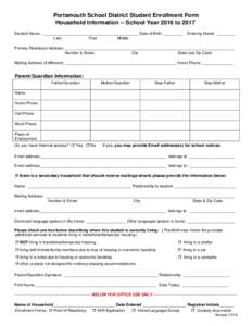 Portsmouth School District Student Enrollment Form