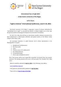 International Year of Light 2015 at Ben-Gurion University of the Negev Call for Papers 