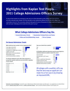 Highlights from Kaplan Test Prep’s 2011 College Admissions Officers Survey To ensure that students are receiving accurate and up-to-date information on the college admissions process and other relevant issues, Kaplan T