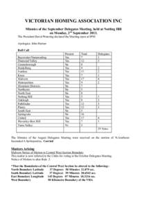 VICTORIAN HOMING ASSOCIATION INC Minutes of the September Delegates Meeting, held at Notting Hill on Monday, 2nd SeptemberThe President David Wetering declared the Meeting open at 8PM Apologies: John Hurren Roll C