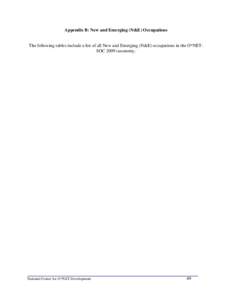 Appendix B: New and Emerging (N&E) Occupations  The following tables include a list of all New and Emerging (N&E) occupations in the O*NETSOC 2009 taxonomy. National Center for O*NET Development