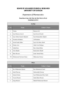 BOARD OF ADVANCED STUDIES & RESEARCH UNIVERSITY OF KARACHI Department of Pharmaceutics Final Merit list of M.Phil, M.Phil/Ph.D & Ph.D Candidates 2014