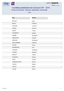 Candidats présélectionnés Concours CR1Groupe de disciplines : Génétique, épigénétique, cancérologie CSS