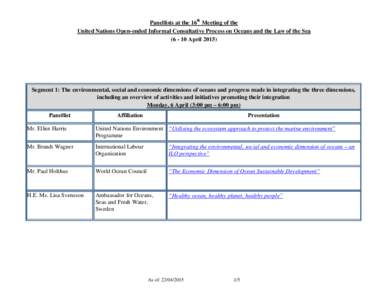 Panellists at the 16th Meeting of the United Nations Open-ended Informal Consultative Process on Oceans and the Law of the SeaAprilSegment 1: The environmental, social and economic dimensions of oceans an