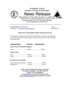 Hunterdon County Division of Parks & Recreation News Release Mailing Address: PO Box 2900, Flemington, NJ[removed]Office Location: 1020 State Highway 31, Lebanon, NJ