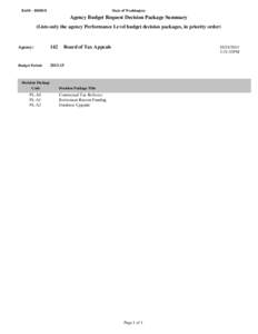 BASS - BDS031  State of Washington Agency Budget Request Decision Package Summary (Lists only the agency Performance Level budget decision packages, in priority order)