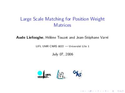 Large Scale Matching for Position Weight Matrices Aude Liefooghe, H´el`ene Touzet and Jean-St´ephane Varr´e LIFL UMR CNRS 8022 — Universit´ e Lille 1