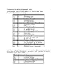 Mathematics 10A Syllabus (December[removed]Lecture schedule based on Hughes-Hallet, et. al. Calculus, fifth edition [See next page for explanatory comments.]