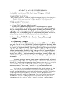 JIMAR, PFRP ANNUAL REPORT FOR FY 2004 P.I. NAMES: Yonat Swimmer, Mike Musyl, Lianne McNaughton, Rich Brill PROJECT PROPOSAL TITLE: “Survivorship, migrations, and diving patterns of sea turtles released from commercial 