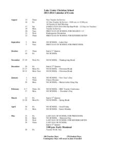 Lake Center Christian School[removed]Calendar of Events August September