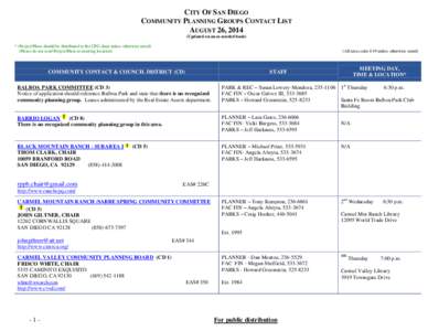 CITY OF SAN DIEGO COMMUNITY PLANNING GROUPS CONTACT LIST AUGUST 26, 2014 (Updated on an as-needed basis) * (Project/Plans should be distributed to the CPG chair unless otherwise noted) (Please do not send Project/Plans t