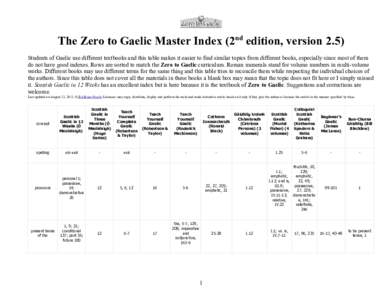 The Zero to Gaelic Master Index (2nd edition, version 2.5) Students of Gaelic use different textbooks and this table makes it easier to find similar topics from different books, especially since most of them do not have 
