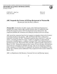 STATE OF CALIFORNIA — BUSINESS, CONSUMER SERVICES AND HOUSING AGENCY  EDMUND G. BROWN, JR., Governor DEPARTMENT OF ALCOHOLIC BEVERAGE CONTROL 3927 Lennane Drive, Suite 100