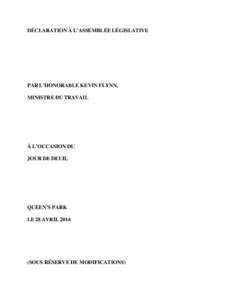 DÉCLARATION À L’ASSEMBLÉE LÉGISLATIVE  PAR L’HONORABLE KEVIN FLYNN, MINISTRE DU TRAVAIL  À L’OCCASION DU