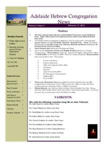 Adelaide Hebrew Congregation News February 17, 2012 Volume 2 Issue 3