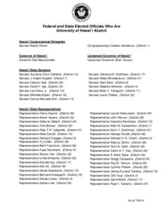 Federal and State Elected Officials Who Are University of Hawai‘i Alumni Hawai‘i Congressional Delegates Senator Mazie Hirono  Congresswoman Colleen Hanabusa (District 1)