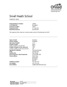 Small Heath School Inspection report Unique Reference Number Local Authority Inspection number
