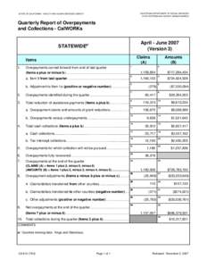 CA[removed]Quarterly Report for Overpayments and Collections - CalWORKs, Apr-Jun07.