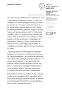 COMMUNIQUÉ DE PRESSE  Lindau/Paris, le 7 décembre 2015 Appel de 72 lauréats du prix Nobel en faveur de la protection du climat 72 récipiendaires du prix Nobel tirent la sonnette d’alarme face aux conséquences du c