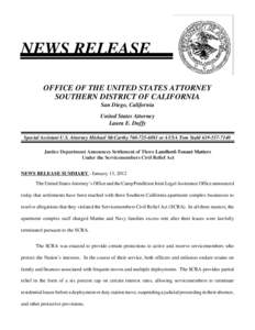 Justice Department Announces Settlement of Three Landlord-Tenant Matters Under Servicemembers Civil Relief Act