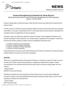 [removed]Ontario Strengthening Protection f or Home Buy ers NEWS Ministry of Consumer Services