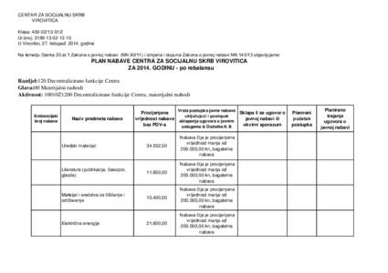 CENTAR ZA SOCIJALNU SKRB VIROVITICA Klasa: [removed]Ur.broj: [removed]U Virovitici, 27. listopad[removed]godine Na temelju članka 20.st.1 Zakona o javnoj nabavi (NN[removed]i izmjena i dopuna Zakona o javnoj 